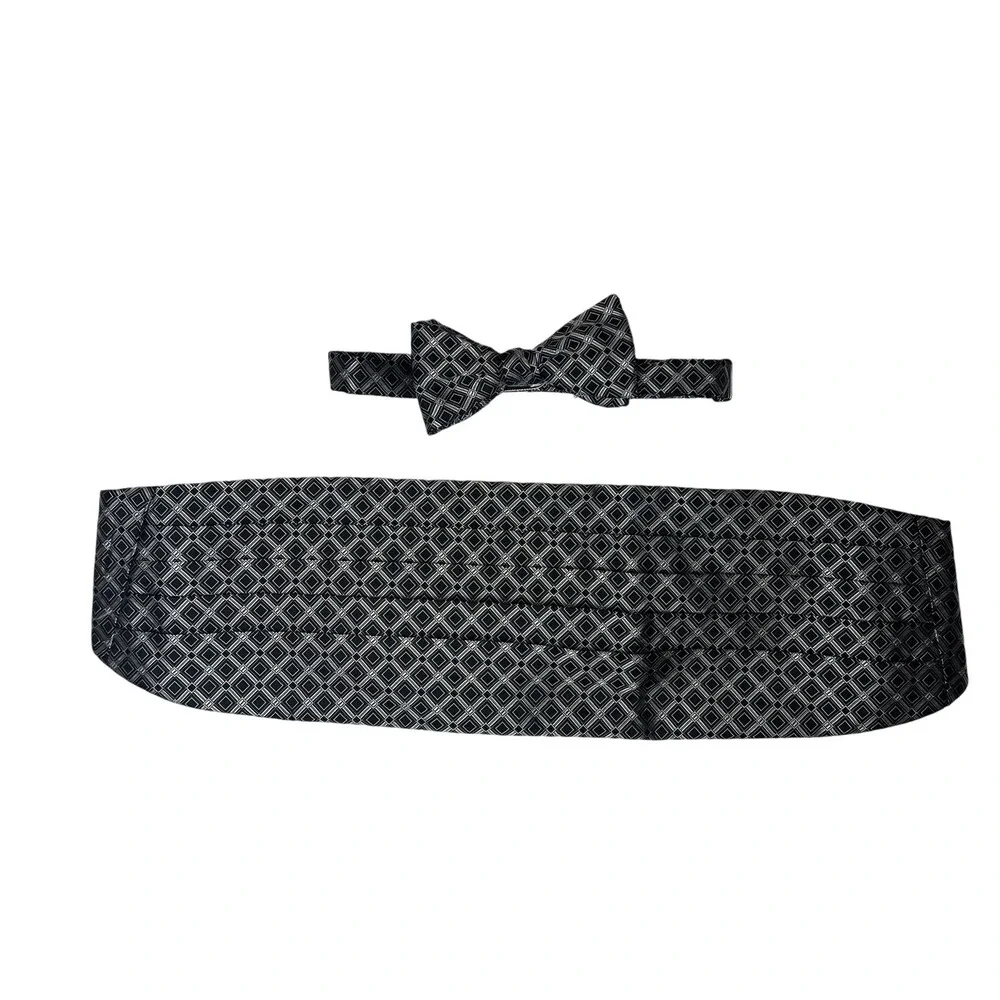 Robert Talbott Protocol‎ Pure Silk Cummerbund Bow Tie Set Geometric Black Silver